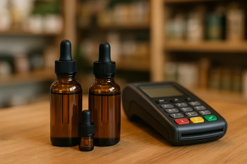 CBD oil bottles beside a payment terminal on wooden counter in holistic shop